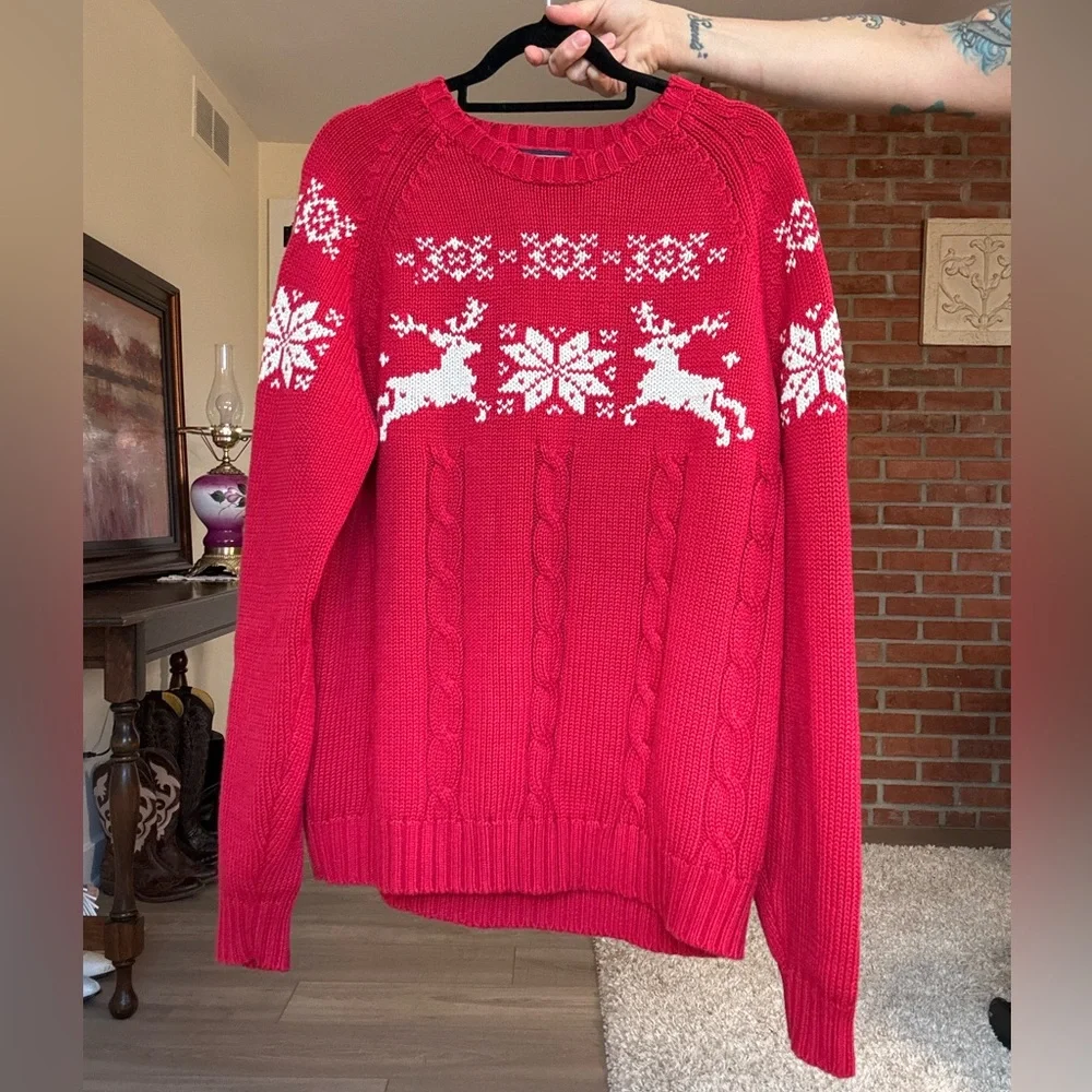 Lands End Red Womens Holiday Cabincore Grandpa Sweater Reindeer Snowflakes - Picture 6 of 9